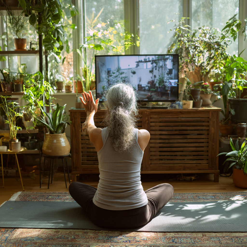 Жінка 52 років практикує йогу вдома перед монітором, беручи участь в онлайн-занятті, оточена рослинами