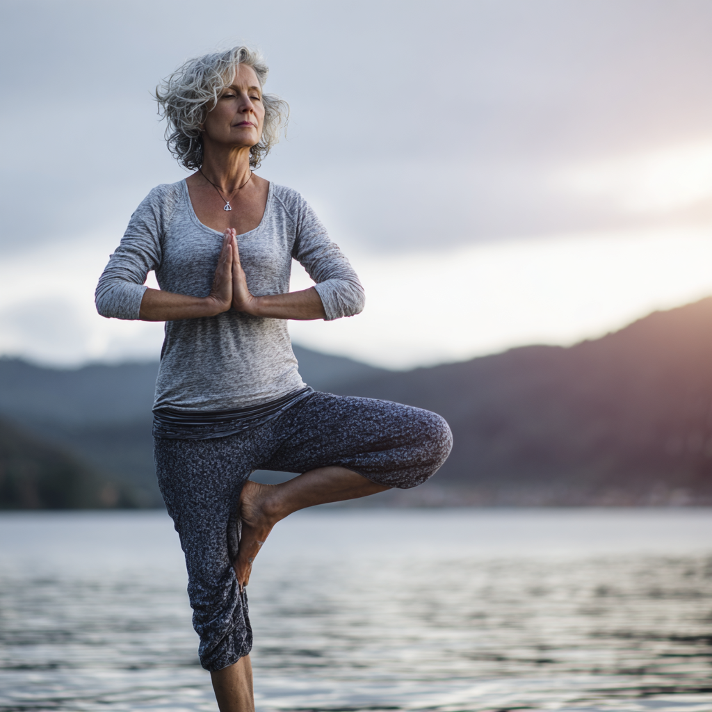 Жінка 55 років практикує йогу на природі, демонструючи спокій і баланс у позі дерева біля озера