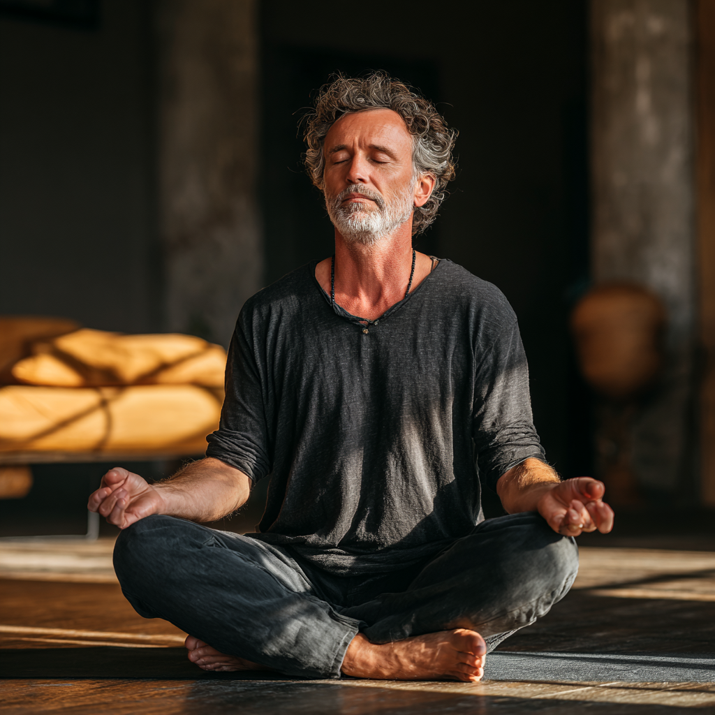 Чоловік 58 років медитує в позі лотоса в затишному інтер'єрі студії йоги з природним освітленням